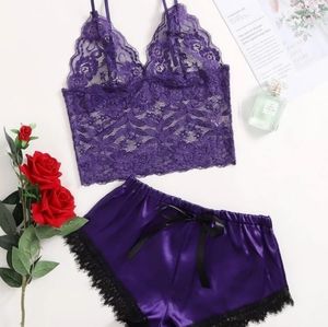 Contrast Lace Satin set